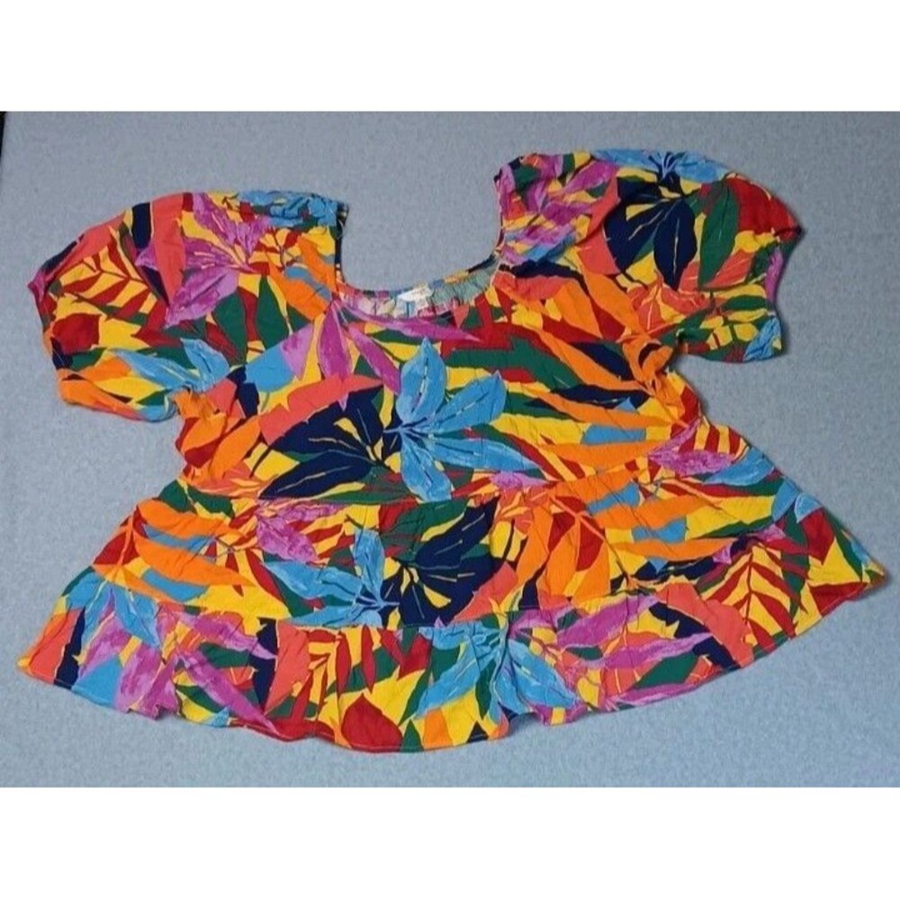 NWT! Terra Sky Babydoll Puff Sleeve Square Neck Peplum Blouse 3X Tropical Leaves